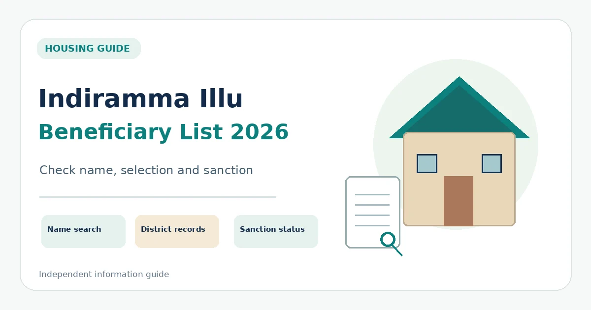 Illustration for Indiramma Illu beneficiary list 2026 guidance showing a house and a document search