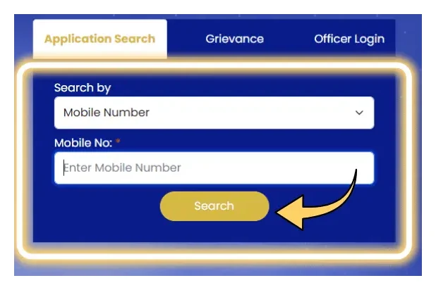 Official Indiramma Indlu search form with Mobile Number selected and Search button